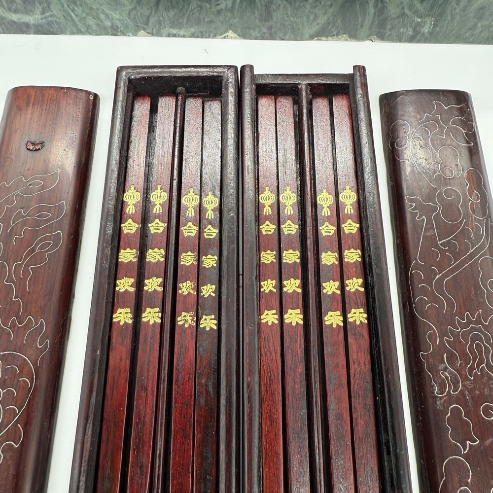 Vintage Chinese Wood Chopsticks Set w/ Carved Dragon Case 8 Pair Red Lacquer